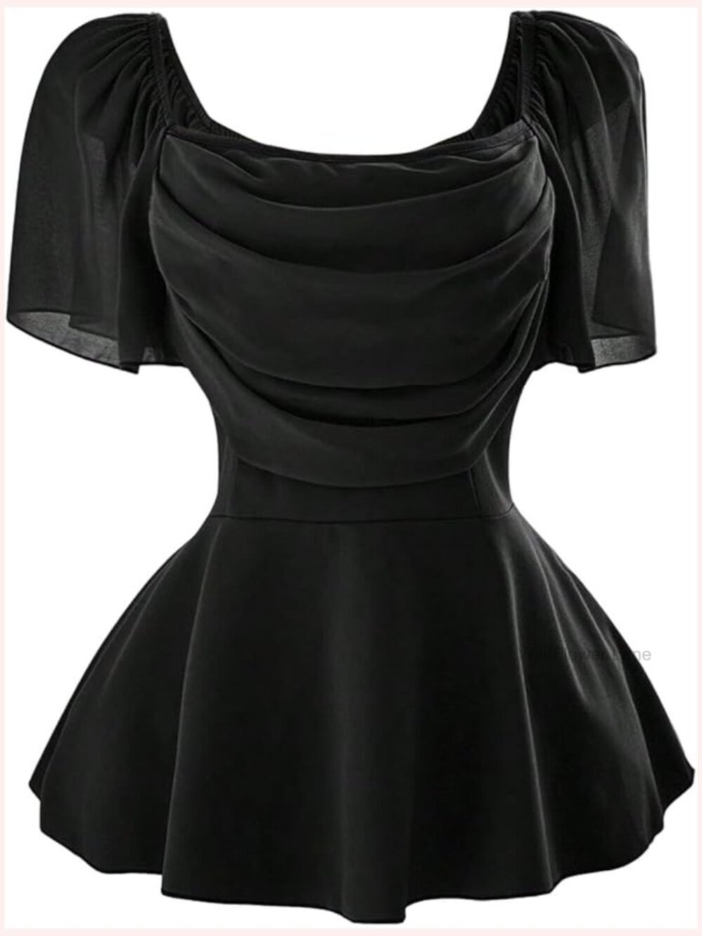 Plus Size Square Neck Ruched Blouse Short Sleeve Flared Peplum Top